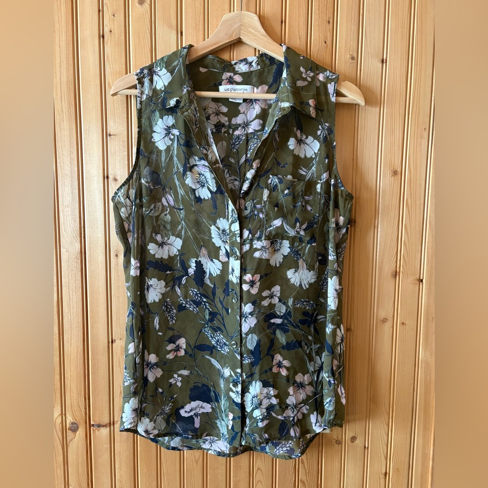 Sheer Button-Up Floral Collared Sleeveless Blouse